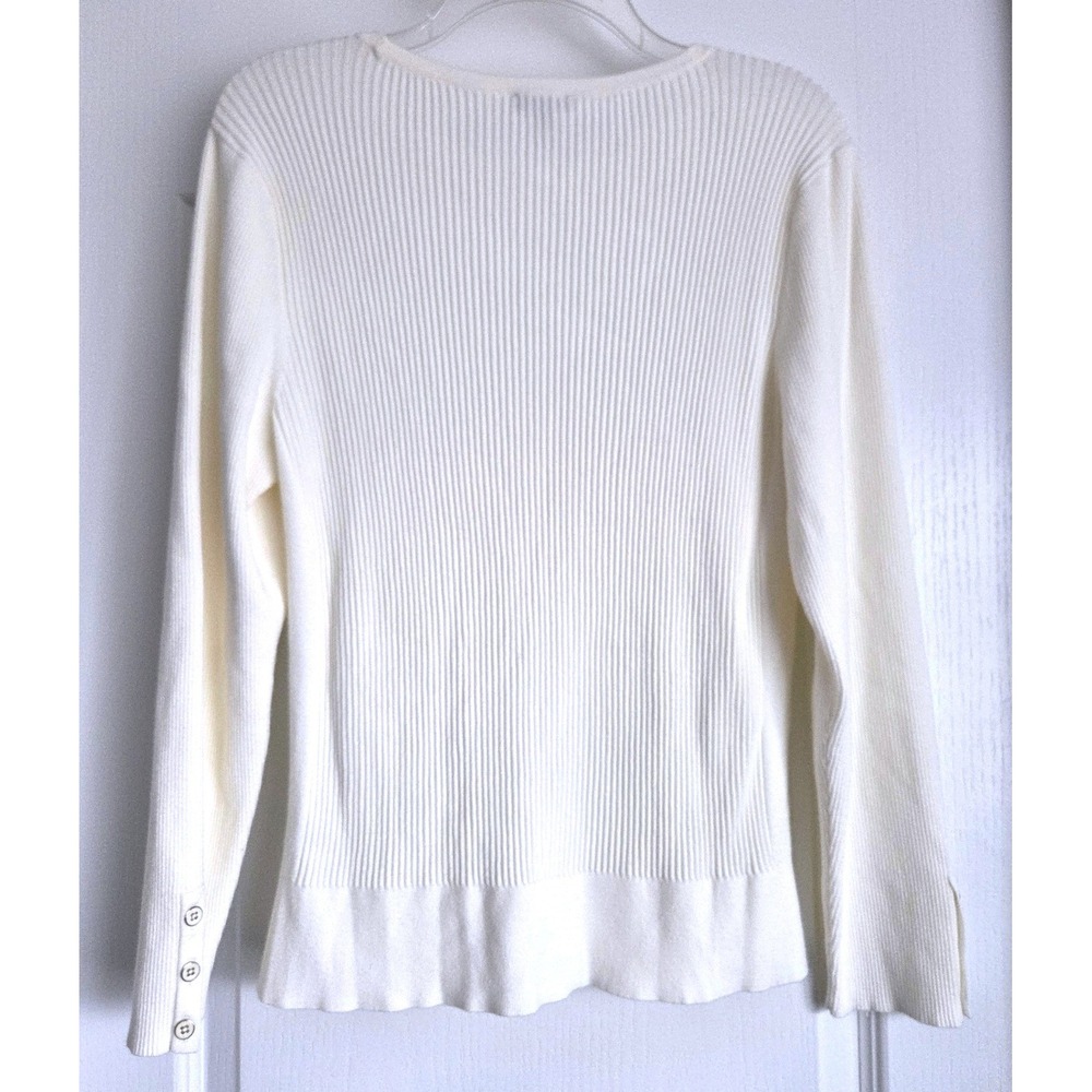 Talbots Ivory Cream Ribbed Long Sleeve Button Cuff Sweater Sz L Minimalist - Picture 2 of 5